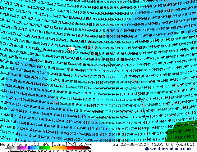 Height/Temp. 500 hPa 557ww nie. 22.09.2024 12 UTC