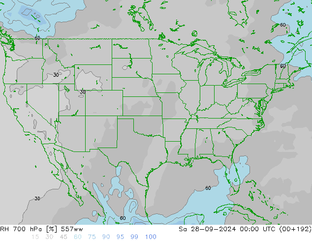 Humedad rel. 700hPa 557ww sáb 28.09.2024 00 UTC