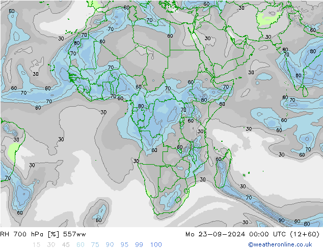 RH 700 hPa 557ww Mo 23.09.2024 00 UTC