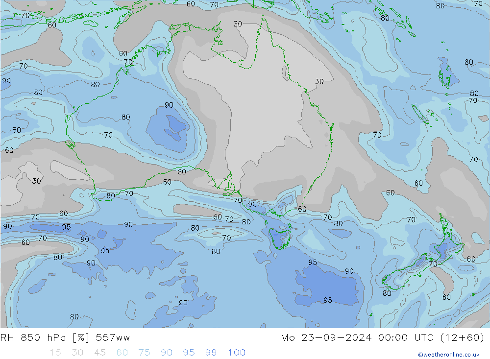 RH 850 гПа 557ww пн 23.09.2024 00 UTC