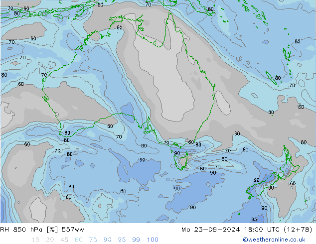 RH 850 hPa 557ww lun 23.09.2024 18 UTC