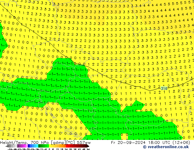 Géop./Temp. 700 hPa 557ww ven 20.09.2024 18 UTC