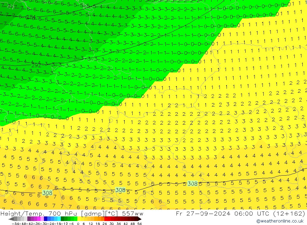 Height/Temp. 700 hPa 557ww Fr 27.09.2024 06 UTC