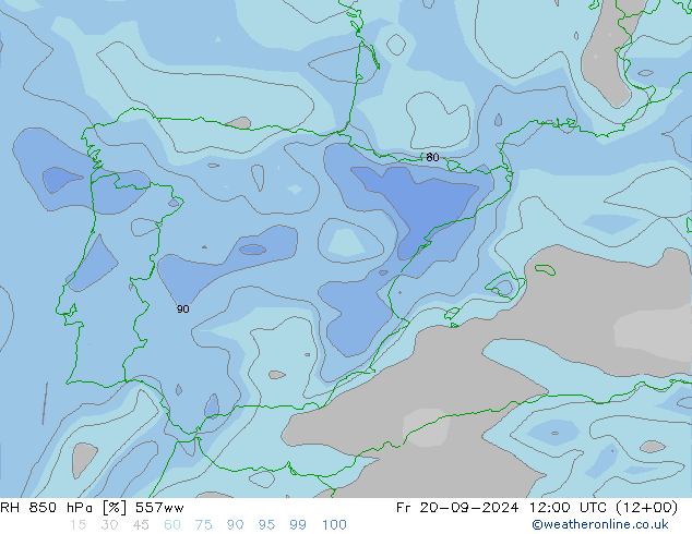 RH 850 hPa 557ww Fr 20.09.2024 12 UTC