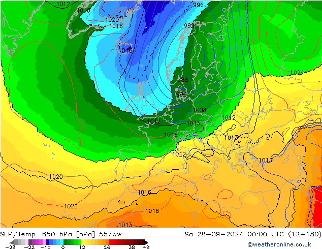 SLP/Temp. 850 hPa 557ww Sa 28.09.2024 00 UTC