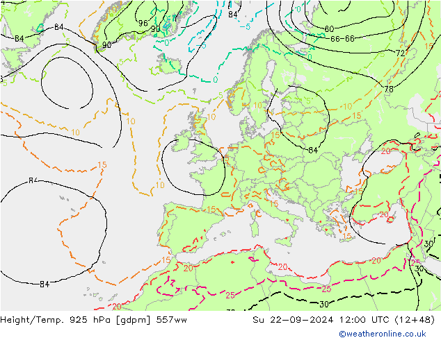 Height/Temp. 925 hPa 557ww So 22.09.2024 12 UTC