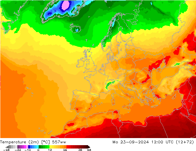 Temperature (2m) 557ww Mo 23.09.2024 12 UTC