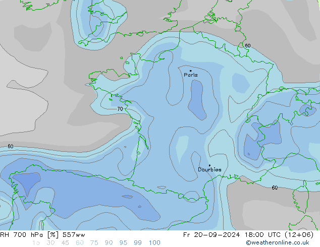 RH 700 hPa 557ww Fr 20.09.2024 18 UTC