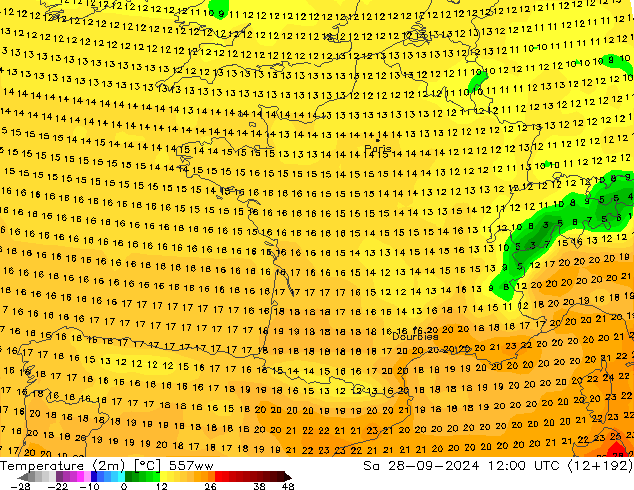 Temperaturkarte (2m) 557ww Sa 28.09.2024 12 UTC