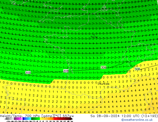 Height/Temp. 700 hPa 557ww Sa 28.09.2024 12 UTC