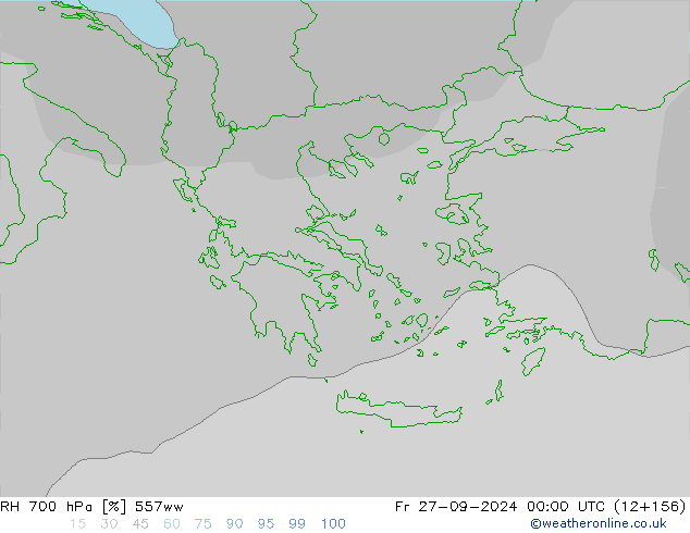 Humedad rel. 700hPa 557ww vie 27.09.2024 00 UTC