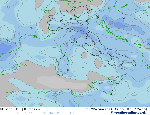 RH 850 hPa 557ww Fr 20.09.2024 12 UTC