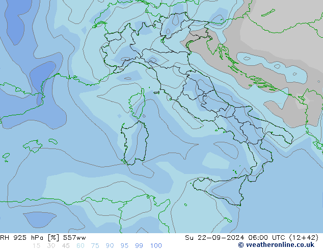 RH 925 гПа 557ww Вс 22.09.2024 06 UTC