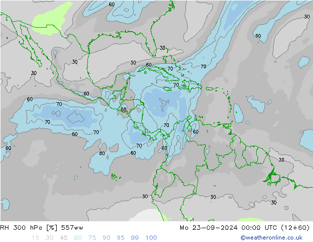 RH 300 hPa 557ww Mo 23.09.2024 00 UTC