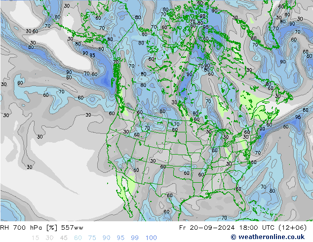 Humedad rel. 700hPa 557ww vie 20.09.2024 18 UTC