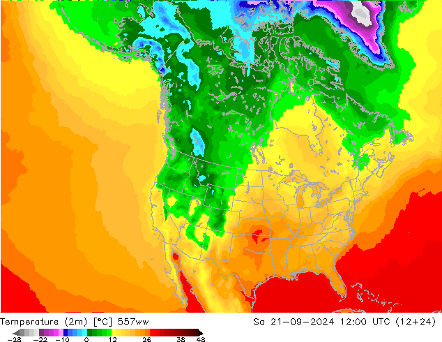 Temperaturkarte (2m) 557ww Sa 21.09.2024 12 UTC