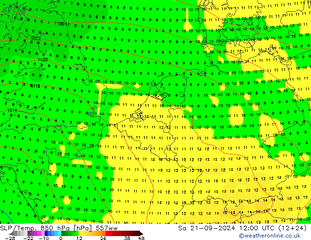 SLP/Temp. 850 hPa 557ww 星期六 21.09.2024 12 UTC