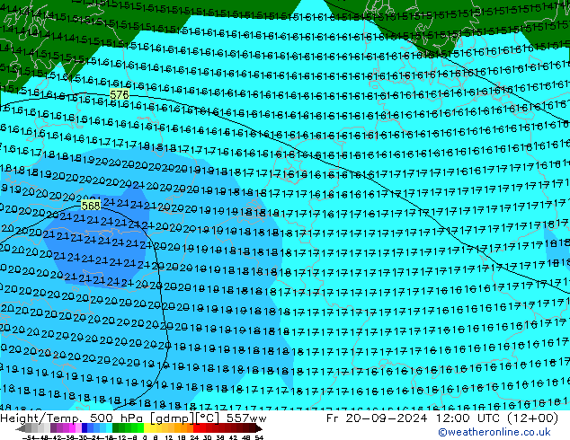 Height/Temp. 500 hPa 557ww Fr 20.09.2024 12 UTC