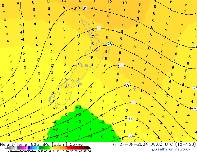 Height/Temp. 925 hPa 557ww Pá 27.09.2024 00 UTC