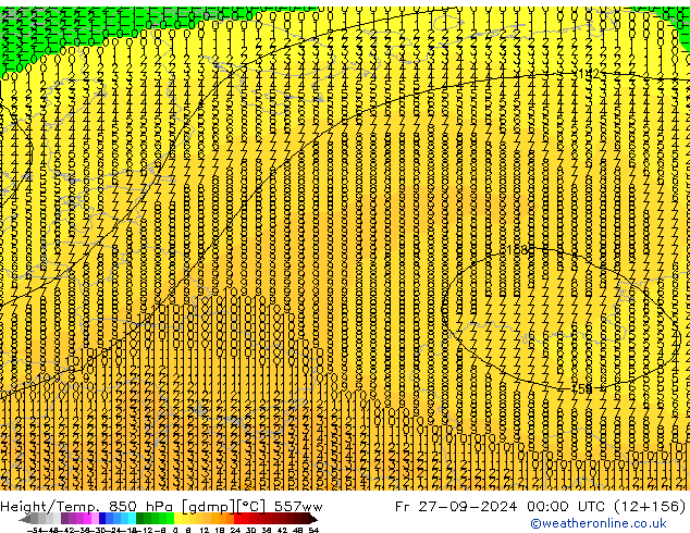 Géop./Temp. 850 hPa 557ww ven 27.09.2024 00 UTC