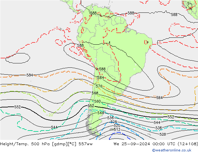 Hoogte/Temp. 500 hPa 557ww wo 25.09.2024 00 UTC