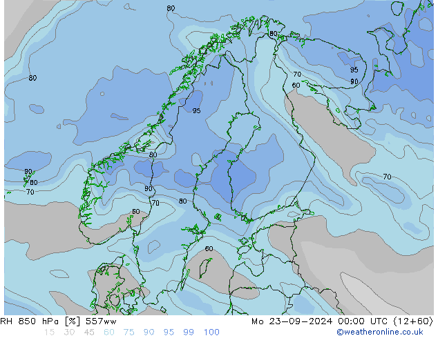 RH 850 hPa 557ww 星期一 23.09.2024 00 UTC