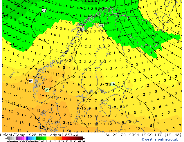 Height/Temp. 925 hPa 557ww Su 22.09.2024 12 UTC