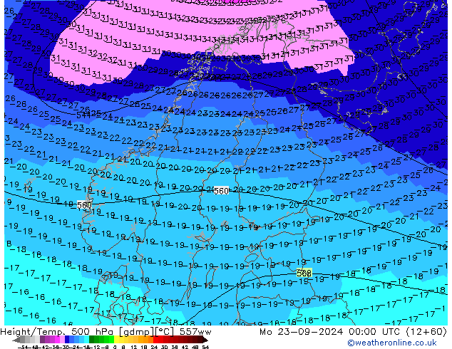 Height/Temp. 500 hPa 557ww 星期一 23.09.2024 00 UTC