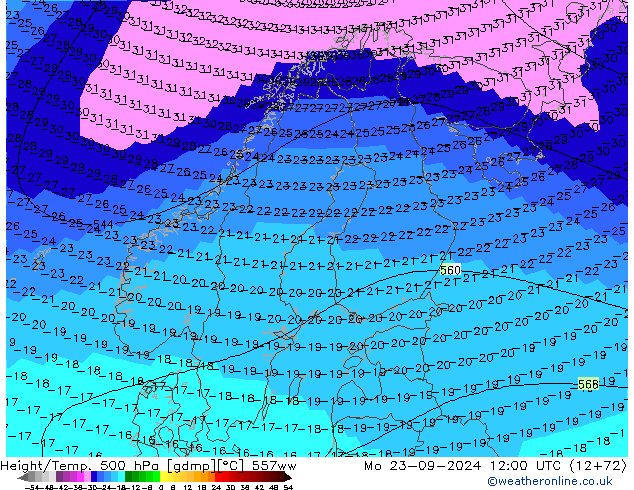 Height/Temp. 500 hPa 557ww Mo 23.09.2024 12 UTC