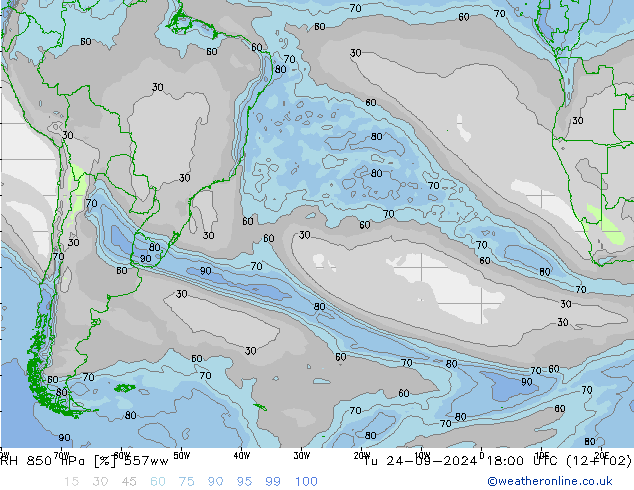 RH 850 hPa 557ww Út 24.09.2024 18 UTC