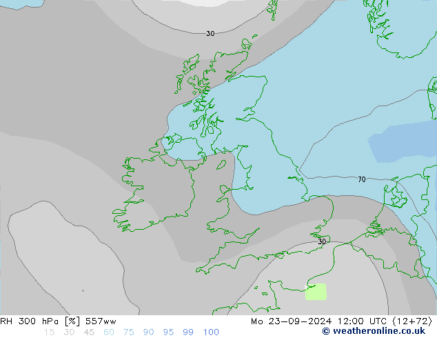 RH 300 hPa 557ww Mo 23.09.2024 12 UTC