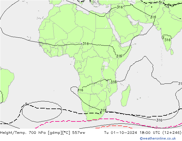 Height/Temp. 700 hPa 557ww Tu 01.10.2024 18 UTC