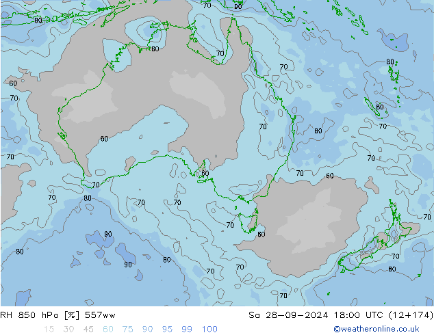 RH 850 hPa 557ww Sa 28.09.2024 18 UTC