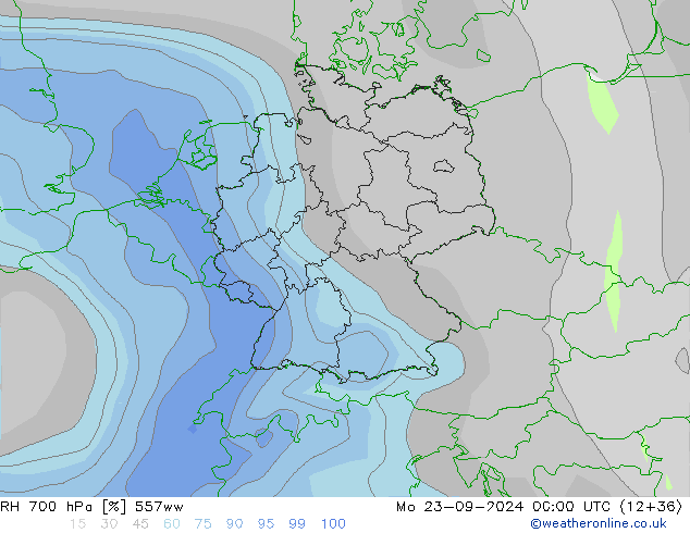 RH 700 hPa 557ww Mo 23.09.2024 00 UTC