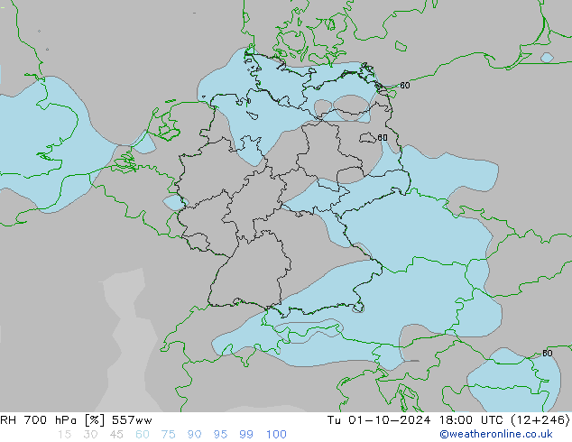 RH 700 hPa 557ww Tu 01.10.2024 18 UTC