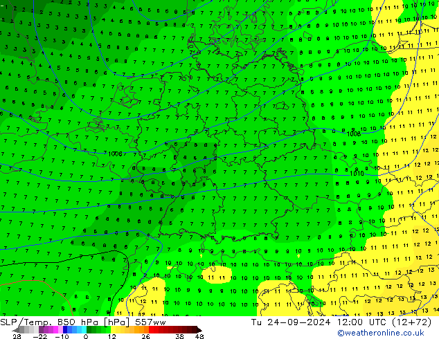 SLP/Temp. 850 hPa 557ww Tu 24.09.2024 12 UTC