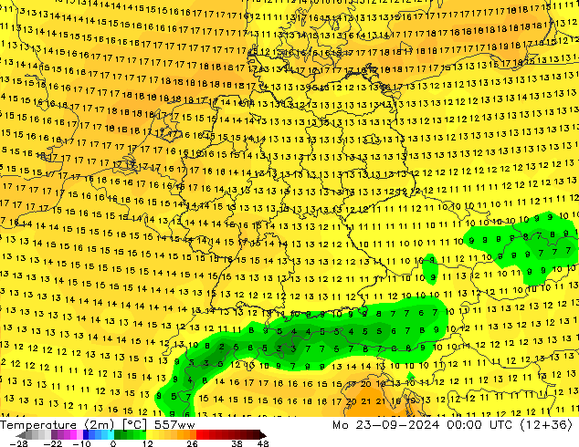 Temperatuurkaart (2m) 557ww ma 23.09.2024 00 UTC