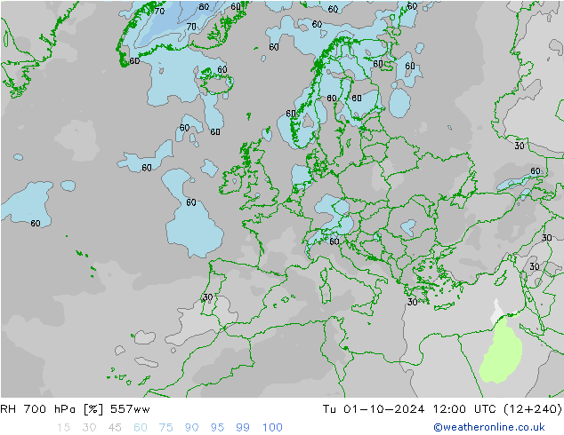 RH 700 hPa 557ww Di 01.10.2024 12 UTC