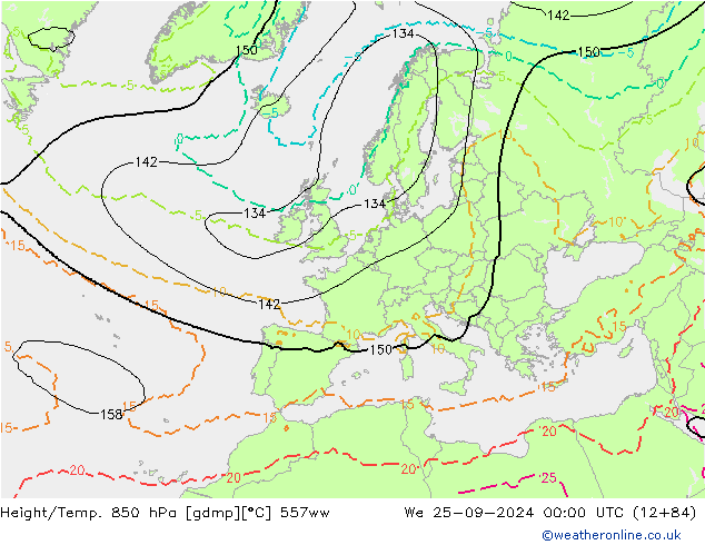 Height/Temp. 850 hPa 557ww Mi 25.09.2024 00 UTC