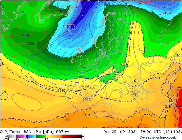 SLP/Temp. 850 hPa 557ww wo 25.09.2024 18 UTC