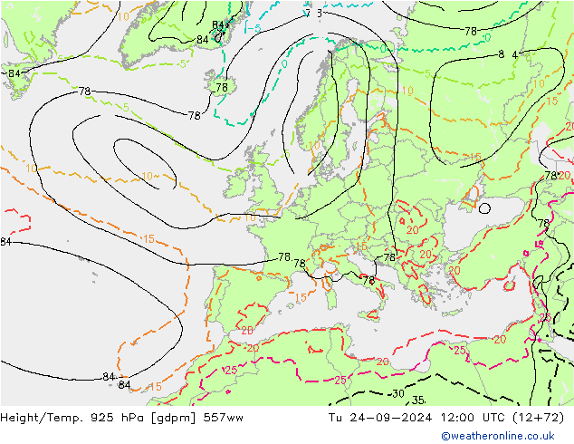 Hoogte/Temp. 925 hPa 557ww di 24.09.2024 12 UTC