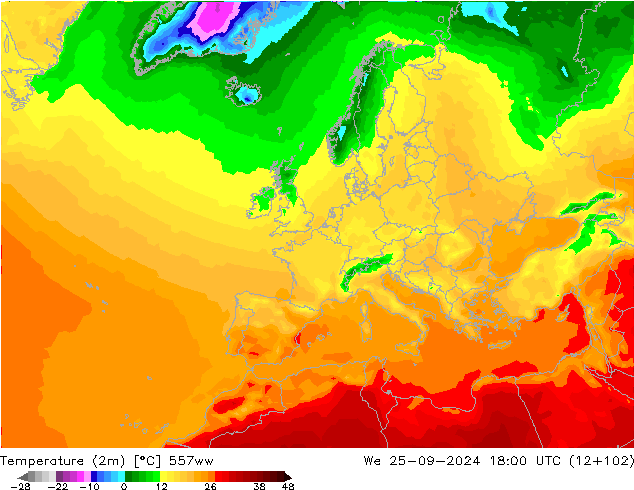 Temperatuurkaart (2m) 557ww wo 25.09.2024 18 UTC