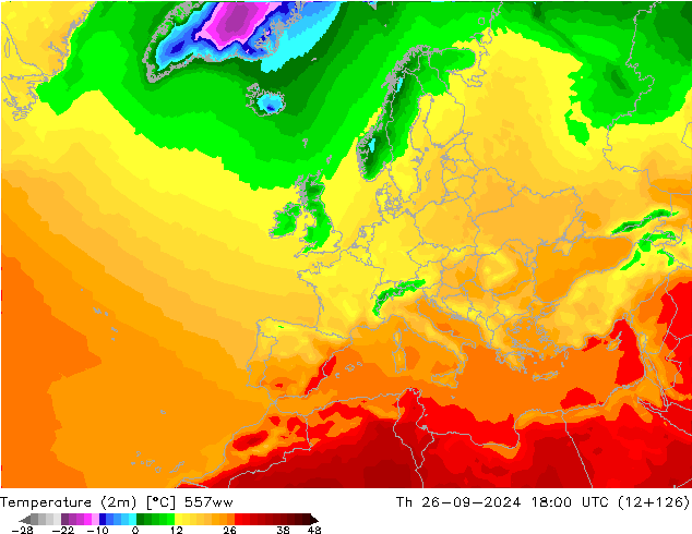 Temperatura (2m) 557ww jue 26.09.2024 18 UTC