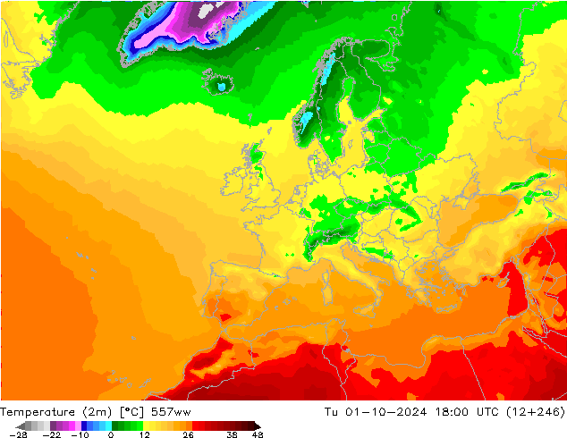 Temperatuurkaart (2m) 557ww di 01.10.2024 18 UTC