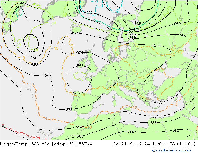 Height/Temp. 500 hPa 557ww 星期六 21.09.2024 12 UTC