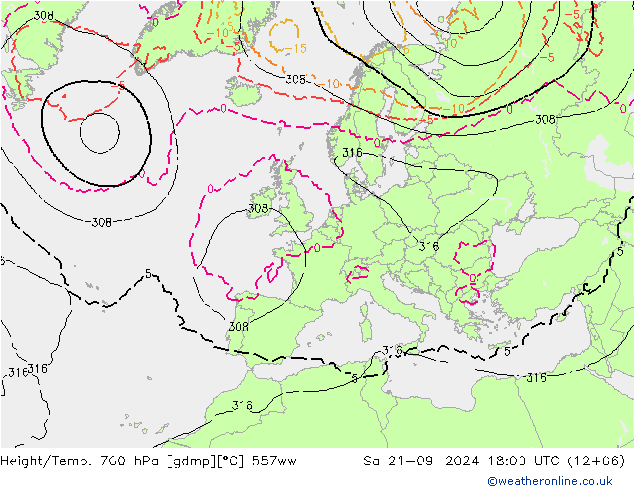 Height/Temp. 700 hPa 557ww 星期六 21.09.2024 18 UTC