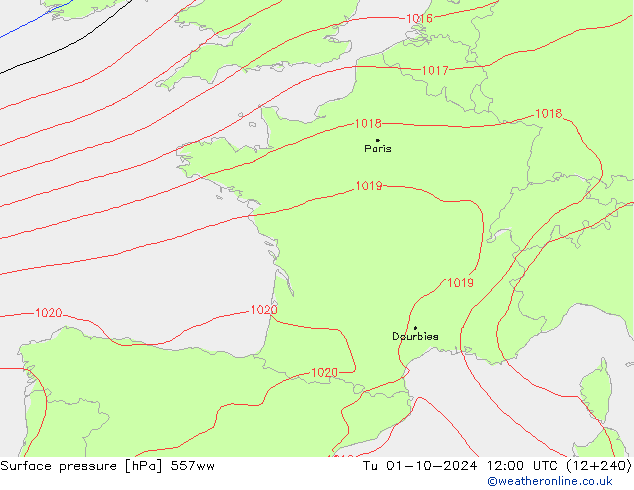 Surface pressure 557ww Tu 01.10.2024 12 UTC