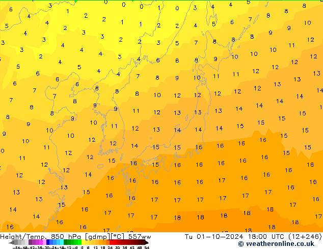 Height/Temp. 850 гПа 557ww вт 01.10.2024 18 UTC