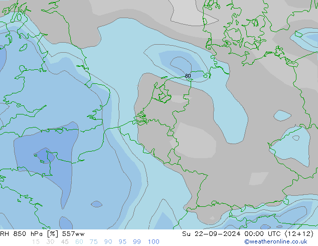 RH 850 hPa 557ww Su 22.09.2024 00 UTC