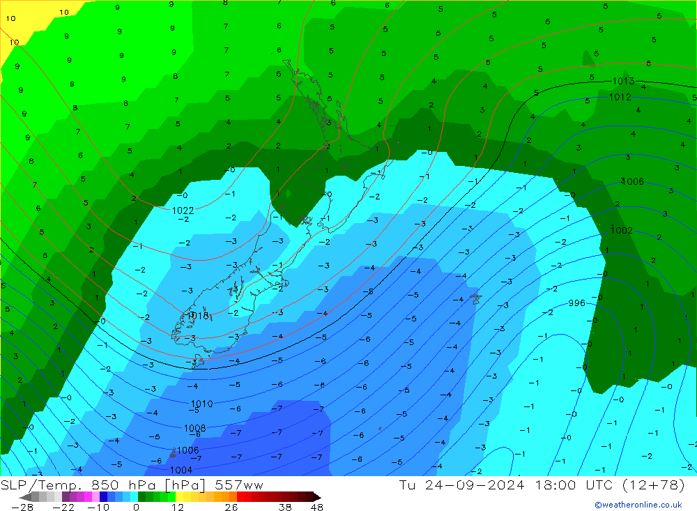 SLP/Temp. 850 hPa 557ww Tu 24.09.2024 18 UTC